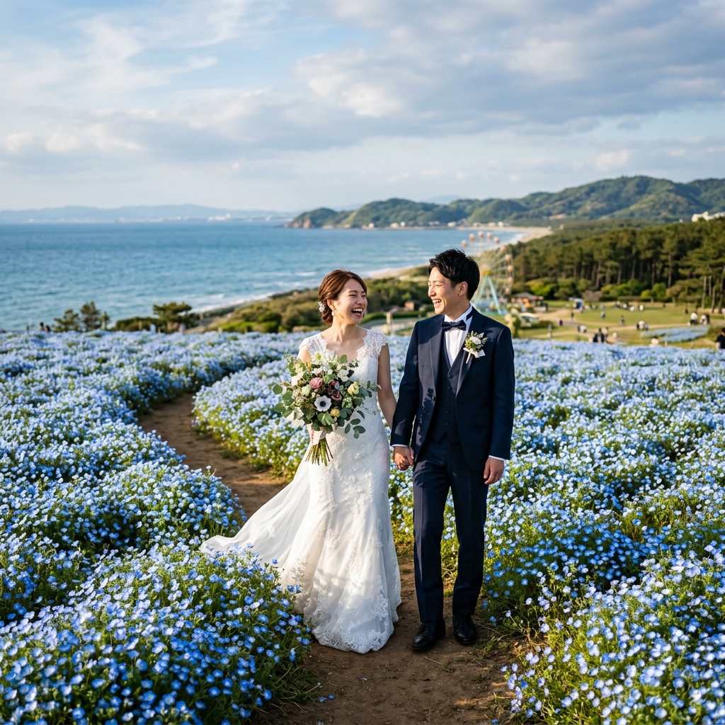 海の中道海浜公園 洋装前撮り 花畑 アイキャッチ